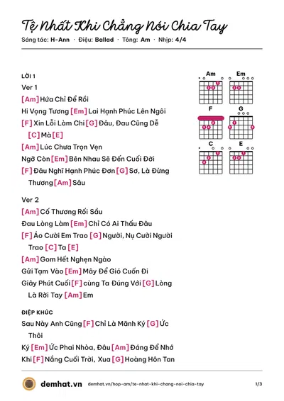 Hợp âm Tệ Nhất Khi Chẳng Nói Chia Tay (An An) – bản nhạc PDF trang 1, tông Am