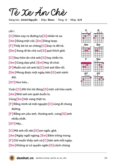 Hợp âm Té Xe Ăn Chè (Trang Hý) – bản nhạc PDF trang 1, tông C