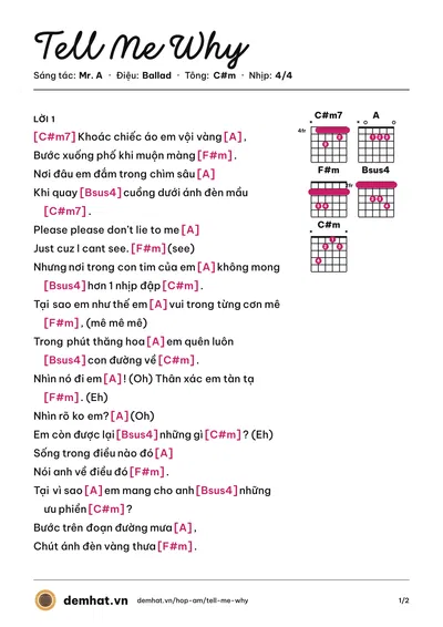 Hợp âm Tell Me Why (Mr. A) – bản nhạc PDF trang 1, tông C#m