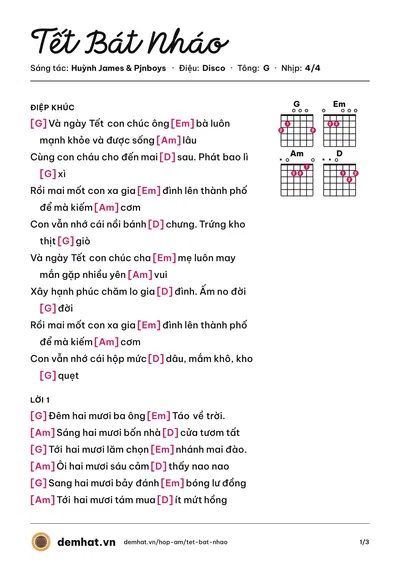 Hợp âm Tết Bát Nháo (Huỳnh James) – bản nhạc PDF trang 1, tông G