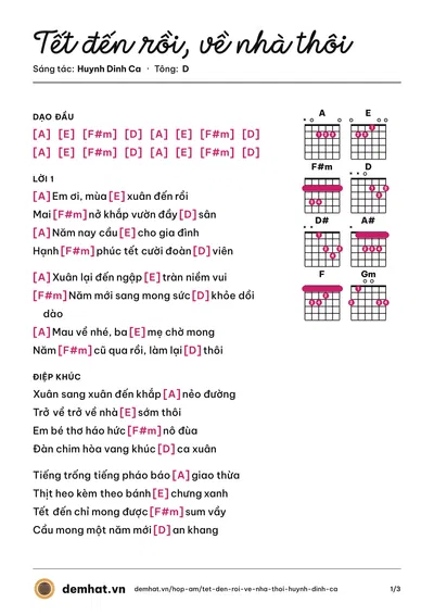 Hợp âm Tết đến rồi, về nhà thôi (Huynh Dinh Ca) – bản nhạc PDF trang 1, tông D