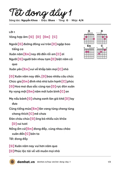 Hợp âm Tết đong đầy 1 (Nguyễn Khoa) – bản nhạc PDF trang 1, tông G