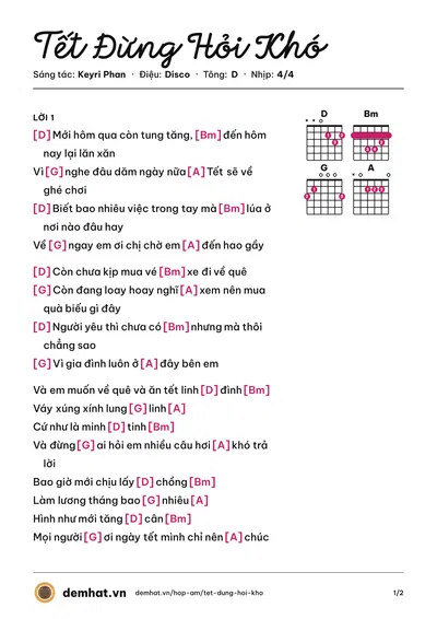 Hợp âm Tết Đừng Hỏi Khó (Ngọc Kara) – bản nhạc PDF trang 1, tông D