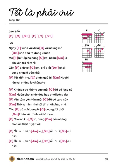 Hợp âm Tết là phải vui (Thư Kỳ) – bản nhạc PDF trang 1, tông Dm