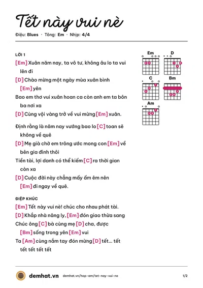 Hợp âm Tết này vui nè (Hồ Quang Hiếu) – bản nhạc PDF trang 1, tông Em