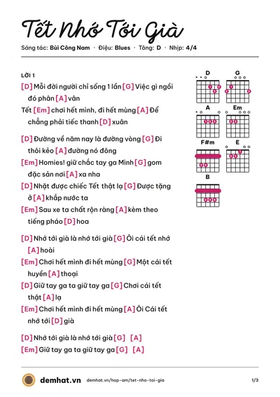 Hợp âm Tết Nhớ Tới Già (Trúc Nhân) – bản nhạc PDF trang 1, tông D