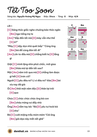 Hợp âm Tết Too Soon (Fanny) – bản nhạc PDF trang 1, tông G