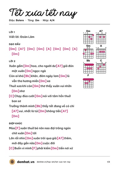 Hợp âm Tết xưa tết nay (Đoàn Lâm) – bản nhạc PDF trang 1, tông Dm