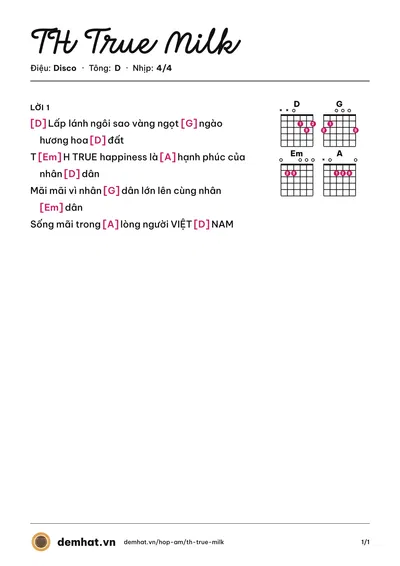 Hợp âm TH True Milk (Quân Keyboard) – bản nhạc PDF trang 1, tông D