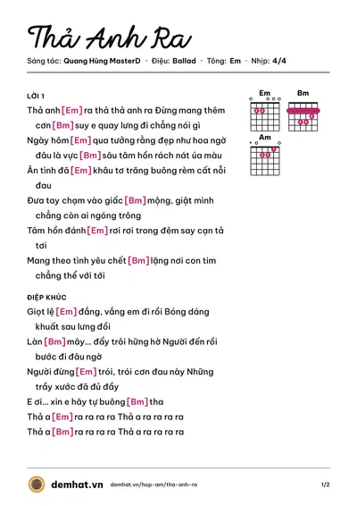 Hợp âm Thả Anh Ra (Quang Hùng MasterD) – bản nhạc PDF trang 1, tông Em
