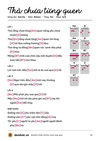 Hợp âm Thà chưa từng quen (Sơn Hạ) – bản nhạc PDF trang 1, tông Em