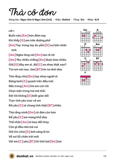 Hợp âm Thà cô đơn (Lý Hải) – bản nhạc PDF trang 1, tông Em