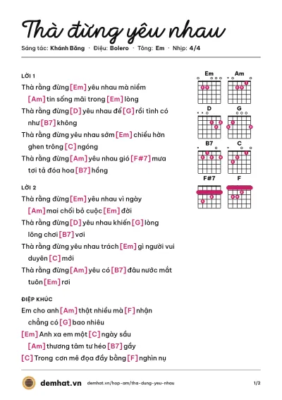 Hợp âm Thà đừng yêu nhau (Mộng Thi) – bản nhạc PDF trang 1, tông Em