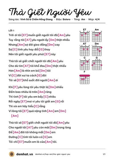 Hợp âm Thà Giết Người Yêu (Trường Vũ) – bản nhạc PDF trang 1, tông Am