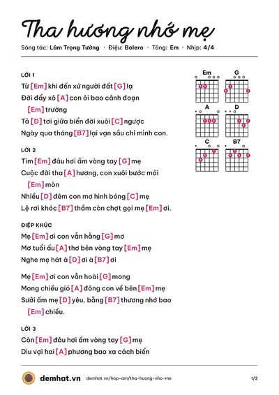 Hợp âm Tha hương nhớ mẹ (Lâm Trọng Tường) – bản nhạc PDF trang 1, tông Em