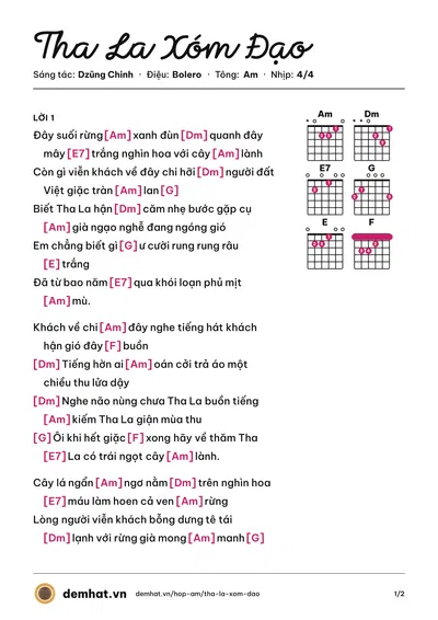 Hợp âm Tha La Xóm Đạo (Giao Linh) – bản nhạc PDF trang 1, tông Am