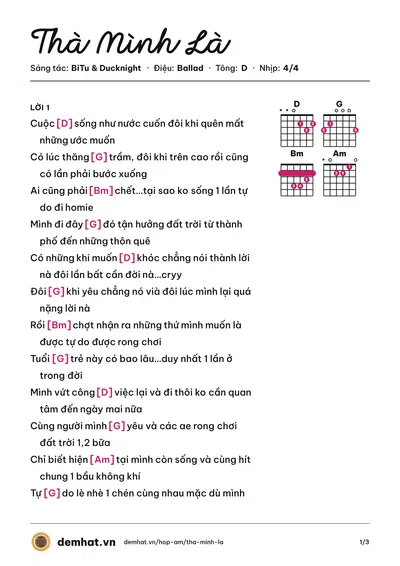 Hợp âm Thà Mình Là (Ducknight) – bản nhạc PDF trang 1, tông D