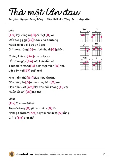 Hợp âm Thà một lần đau (Phan Đinh Tùng) – bản nhạc PDF trang 1, tông Em