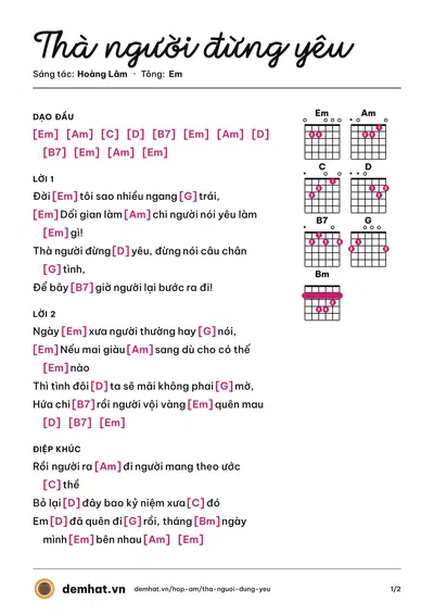 Hợp âm Thà người đừng yêu (Hoàng Lâm) – bản nhạc PDF trang 1, tông Em