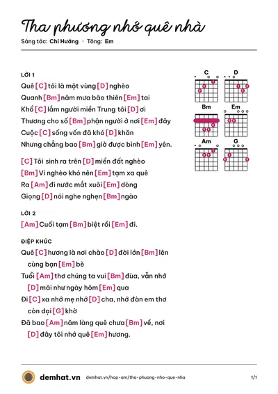 Hợp âm Tha phương nhớ quê nhà (Chí Hướng) – bản nhạc PDF trang 1, tông Em