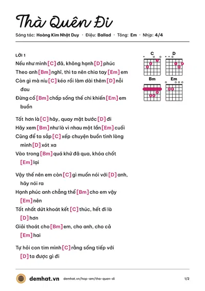 Hợp âm Thà Quên Đi (Phạm Trưởng) – bản nhạc PDF trang 1, tông Em