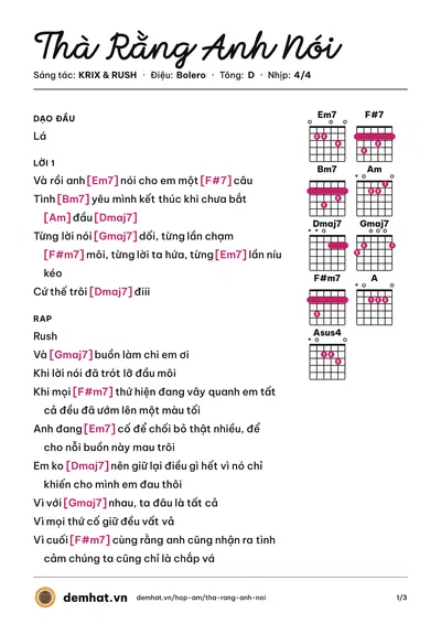 Hợp âm Thà Rằng Anh Nói (KRIX) – bản nhạc PDF trang 1, tông D