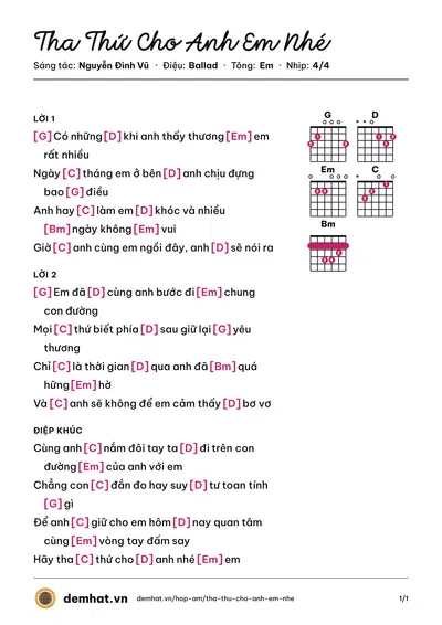 Hợp âm Tha Thứ Cho Anh Em Nhé (Nguyễn Đình Vũ) – bản nhạc PDF trang 1, tông Em