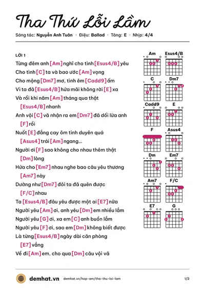 Hợp âm Tha Thứ Lỗi Lầm (Tuấn Hưng) – bản nhạc PDF trang 1, tông E