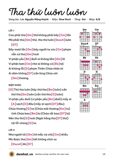 Hợp âm Tha thứ luôn luôn (Tấn Đạt) – bản nhạc PDF trang 1, tông Gm