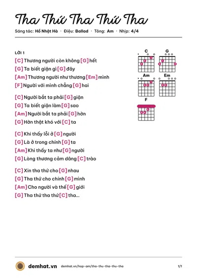 Hợp âm Tha Thứ Tha Thứ Tha (Hồ Nhật Hà) – bản nhạc PDF trang 1, tông Am