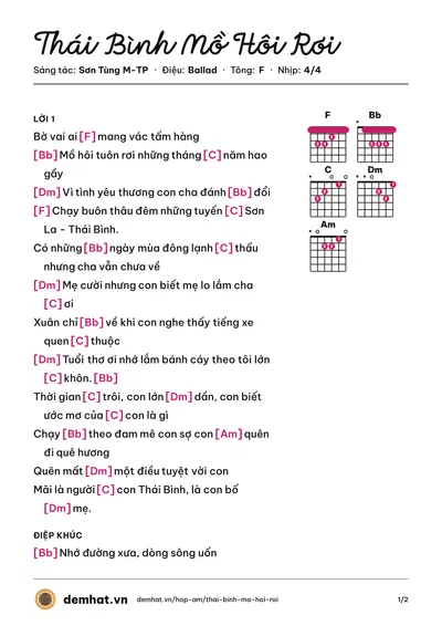 Hợp âm Thái Bình Mồ Hôi Rơi (Sơn Tùng M-TP) – bản nhạc PDF trang 1, tông F