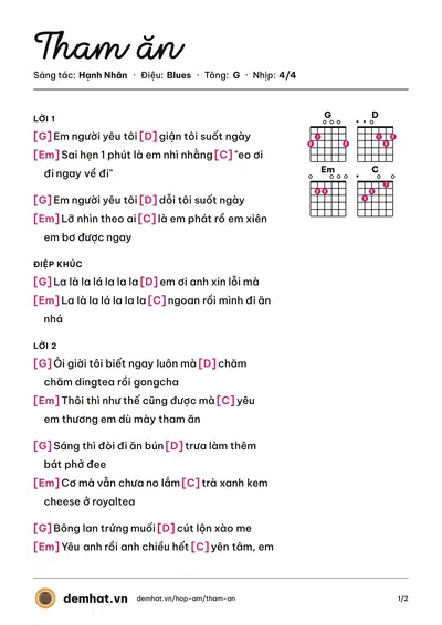 Hợp âm Tham ăn (Hạnh Ngân) – bản nhạc PDF trang 1, tông G