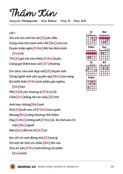 Hợp âm Thầm Kín (Giao Linh) – bản nhạc PDF trang 1, tông D