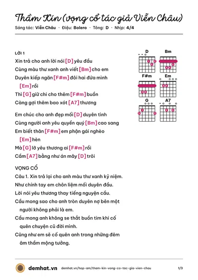 Hợp âm Thầm Kín (vọng cổ tác giả Viễn Châu) (Mộng Tuyền) – bản nhạc PDF trang 1, tông D