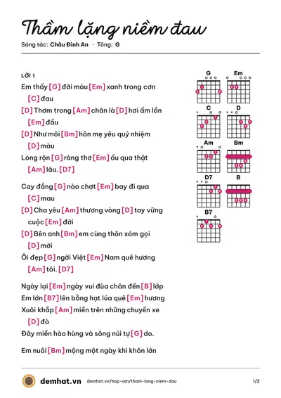 Hợp âm Thầm lặng niềm đau (Châu Đình An) – bản nhạc PDF trang 1, tông G