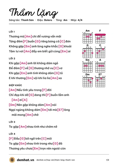 Hợp âm Thầm lặng (Thanh Sơn) – bản nhạc PDF trang 1, tông Am