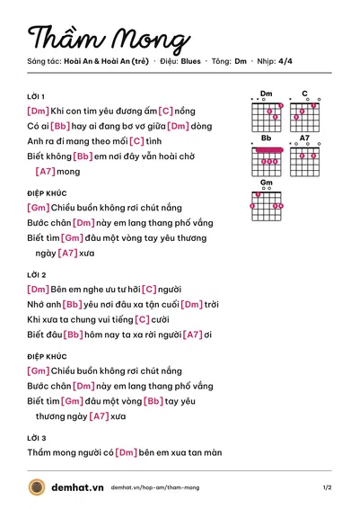 Hợp âm Thầm Mong (Vân Quang Long) – bản nhạc PDF trang 1, tông Dm