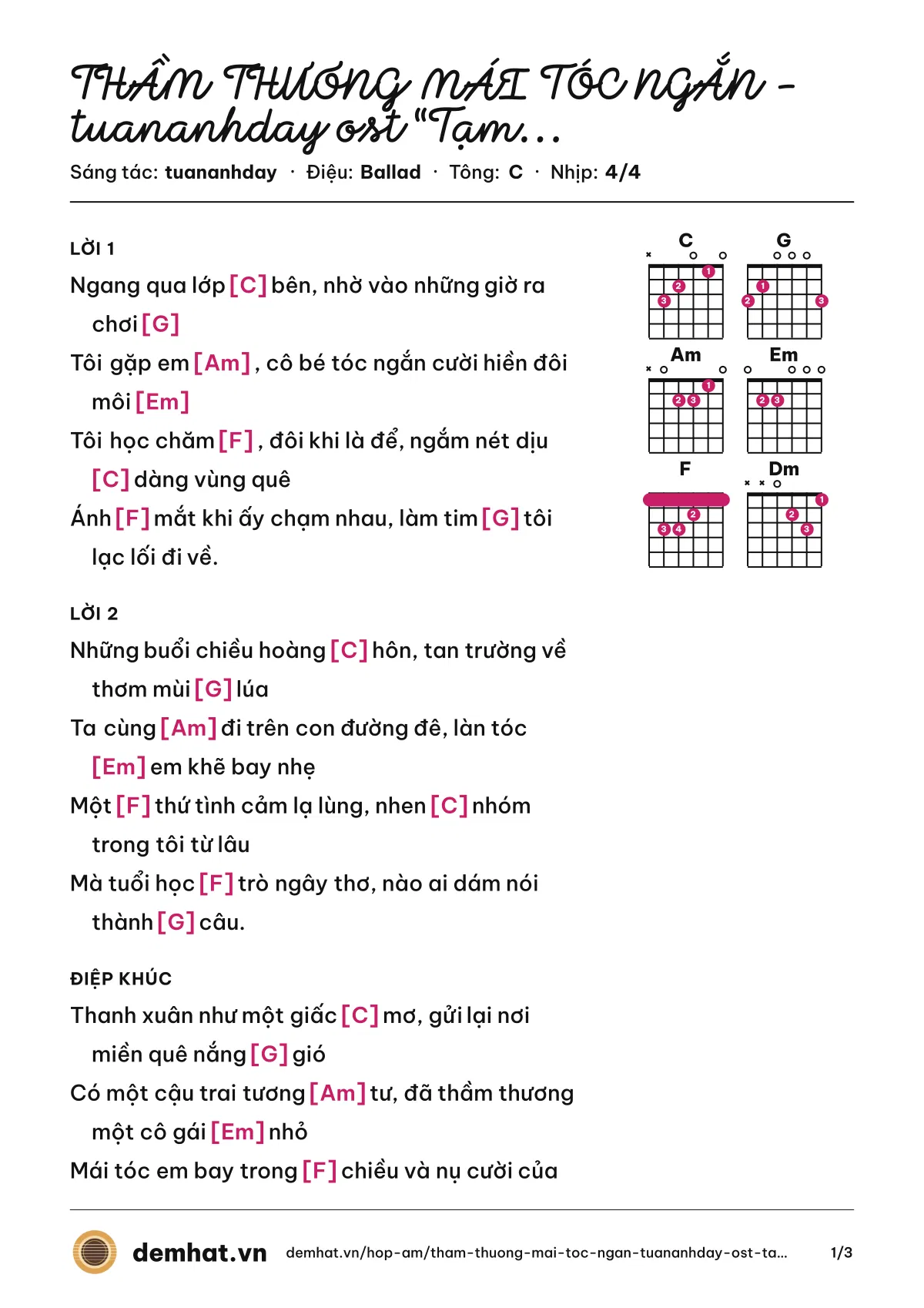Hợp âm THẦM THƯƠNG MÁI TÓC NGẮN - tuananhday ost “Tạm Biệt Cấp 2” (tuananhday) – bản nhạc PDF trang 1, tông C