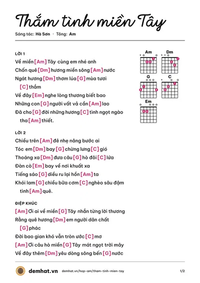 Hợp âm Thắm tình miền Tây (Hà Vân) – bản nhạc PDF trang 1, tông Am