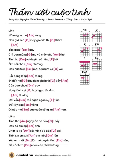 Hợp âm Thấm ướt cuộc tình (Nguyễn Đình Chương) – bản nhạc PDF trang 1, tông Am