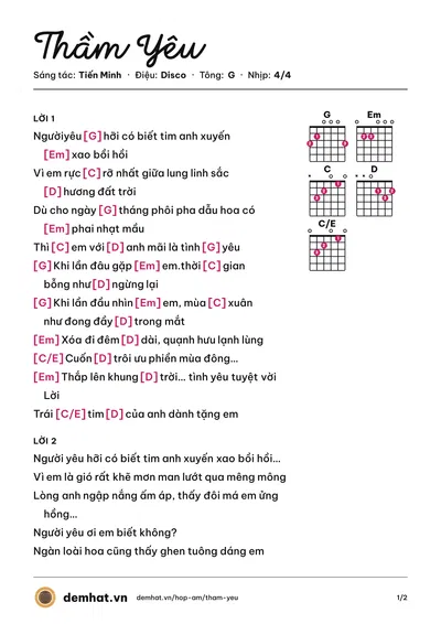 Hợp âm Thầm Yêu (Duy Khoa) – bản nhạc PDF trang 1, tông G