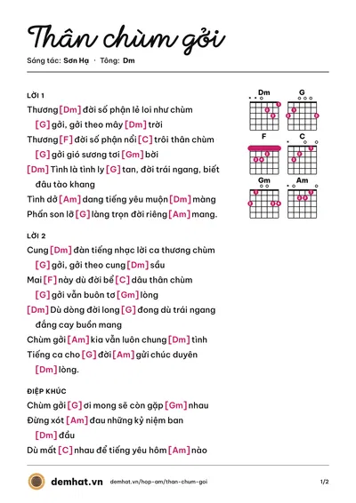 Hợp âm Thân chùm gởi (Văn Hương) – bản nhạc PDF trang 1, tông Dm