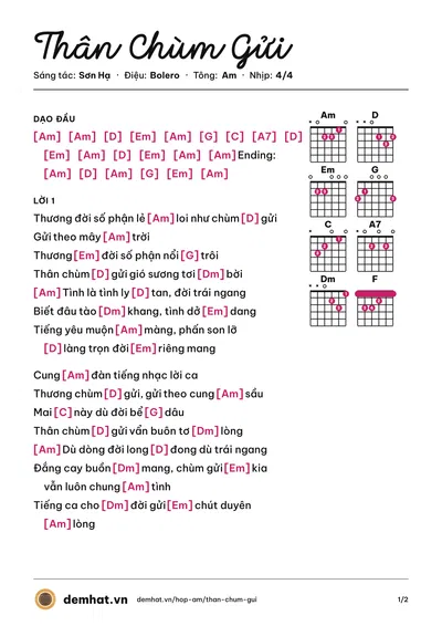 Hợp âm Thân Chùm Gửi (Văn Hương) – bản nhạc PDF trang 1, tông Am