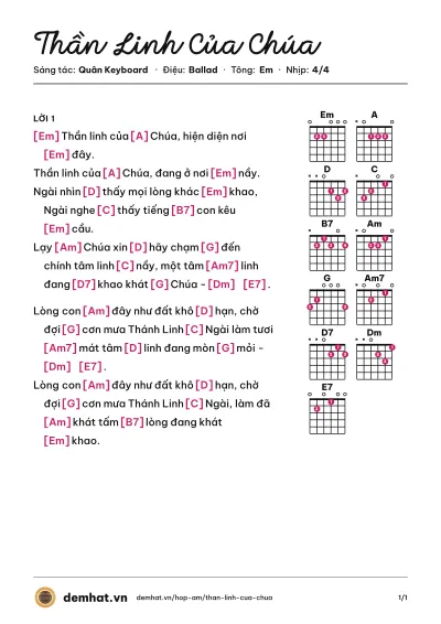 Hợp âm Thần Linh Của Chúa (Quân Keyboard) – bản nhạc PDF trang 1, tông Em