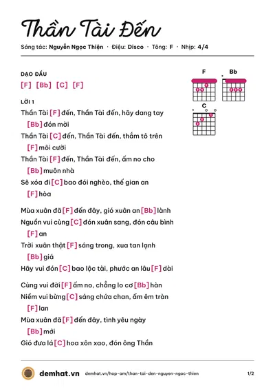 Hợp âm Thần Tài Đến (Nguyễn Đình Vũ) – bản nhạc PDF trang 1, tông F
