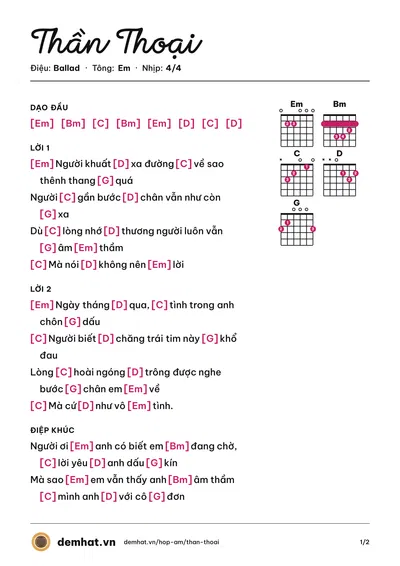 Hợp âm Thần Thoại (Thùy Chi) – bản nhạc PDF trang 1, tông Em