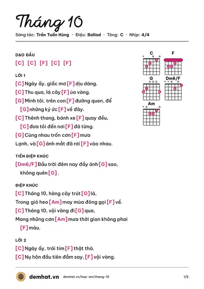 Hợp âm Tháng 10 (Bức Tường) – bản nhạc PDF trang 1, tông C