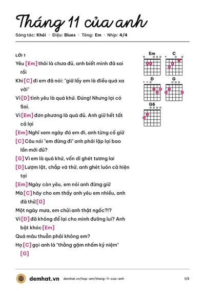 Hợp âm Tháng 11 của anh (Khói) – bản nhạc PDF trang 1, tông Em