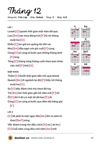 Hợp âm Tháng 12 (Trần Lập) – bản nhạc PDF trang 1, tông C