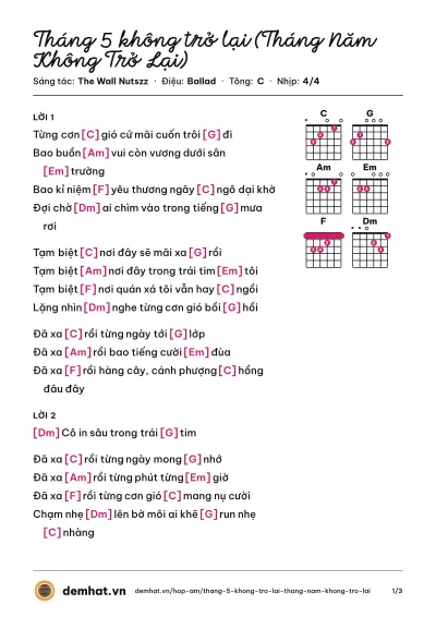 Hợp âm Tháng 5 không trở lại (Tháng Năm Không Trở Lại) (The Wall Nutszz) – bản nhạc PDF trang 1, tông C